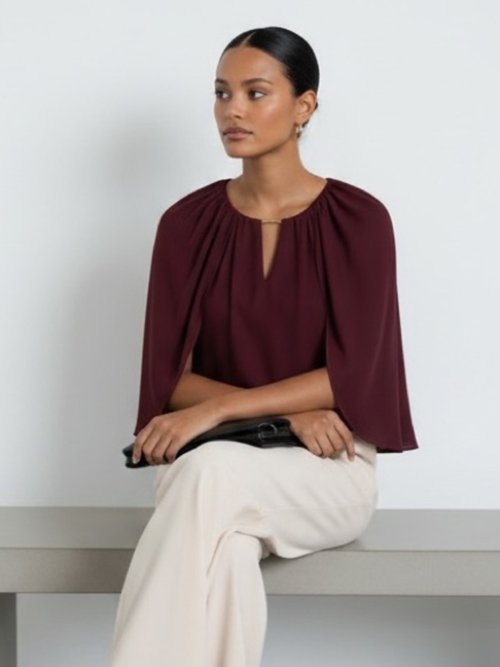 1497 • Wine Georgette Float Capelet Top w/Soft Lined Sleeveless Balloon Bodice